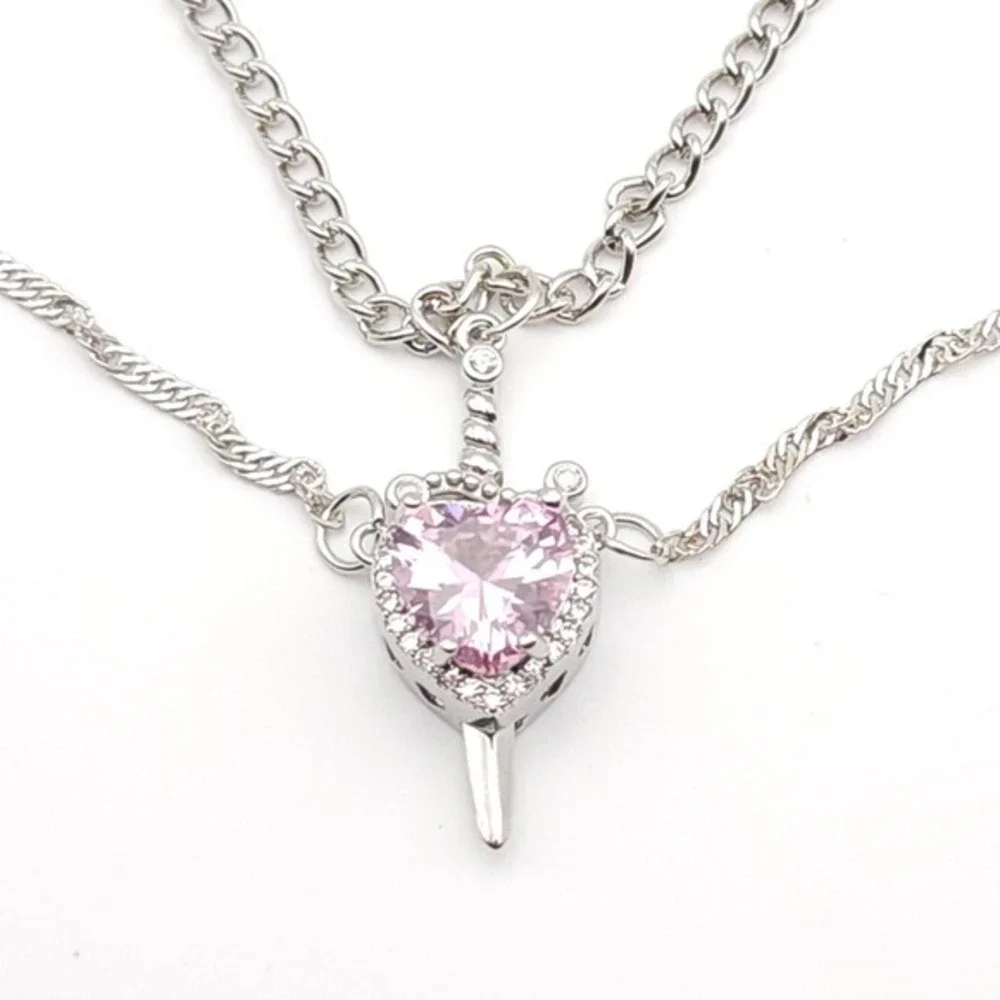 Sword Heart Necklace Set Couples Silver Pink CZ‎ 20-22in Matching